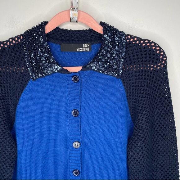 LOVE MOSCHINO Colorblock Sequin Collar Cardigan Sweater Wool Blue Sz 6 {3D35} - Picture 2 of 5